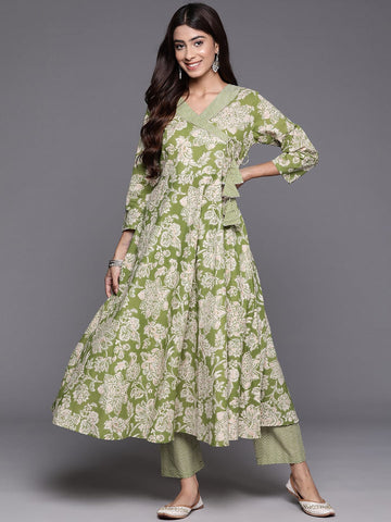 Green Floral Printed Angrakha Style Anarkali Kurta Paired With Printed Bottom.